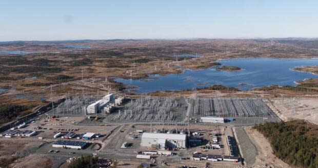 This is an aerial photo of the utility station at Soldiers Pond, on Newfoundland's Avalon Peninsula. The station converts direct current power transmitted over the Labrador-Island Link from Muskrat Falls to alternating current energy that can be integrated into the island's power grid.  (Submitted by Nalcor Energy - image credit)