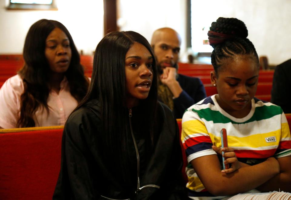 From left, Jamelia Barnett and Julissa Dawkins speak about their arrest Monday at Smith Metropolitan AME Zion Church in the City of Poughkeepsie on March 13, 2019. Accompanying the pair is their Mother, Melissa Lynch, and Pastor Edwrin Sutton.