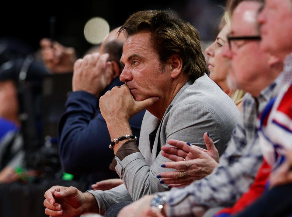 Pistons owner Tom Gores watches action during the second half of Game 4 of the playoff series against Bucks at Little Caesars Arena in Detroit, Monday, April 22, 2019.