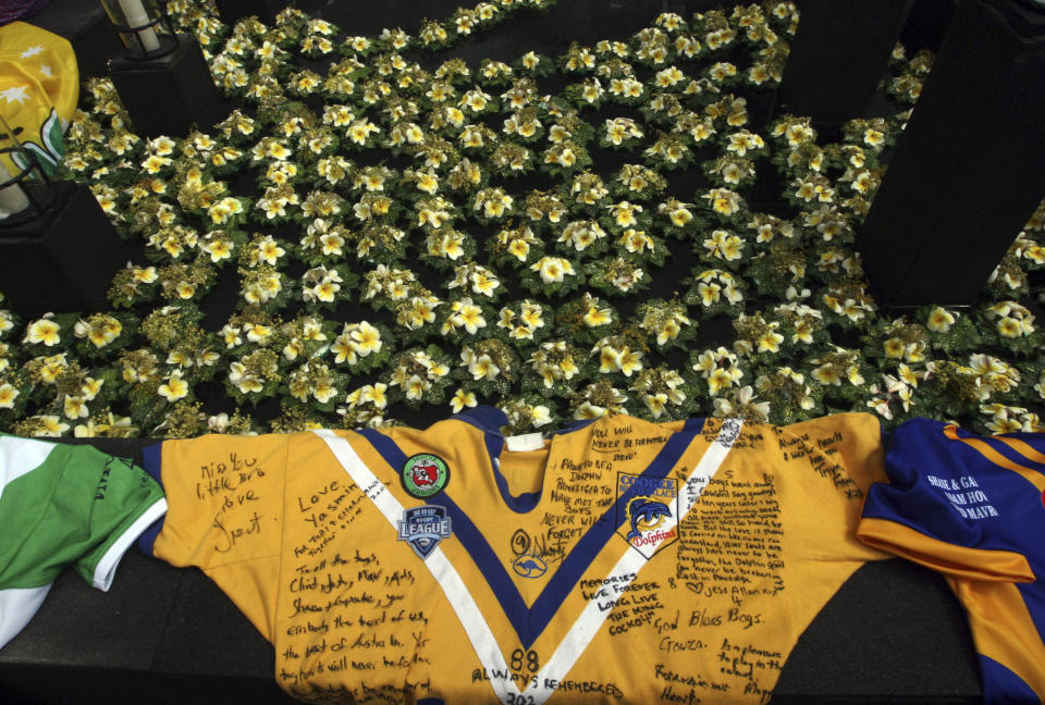 Jerseys worn by victims of the of the 2002 Bali bombings lay at a memorial site during a memorial service to mark the 10th anniversary of the terrorists attacks in Kuta, in Jimbaran, Bali, Indonesia, Friday, Oct. 12, 2012. A decade after twin bombs killed scores of tourists partying at two beachfront nightclubs on Indonesia's resort island of Bali, survivors and victims' families on Friday braved a fresh terrorism threat to remember those lost to the tragedy. (AP Photo/Firdia Lisnawati)