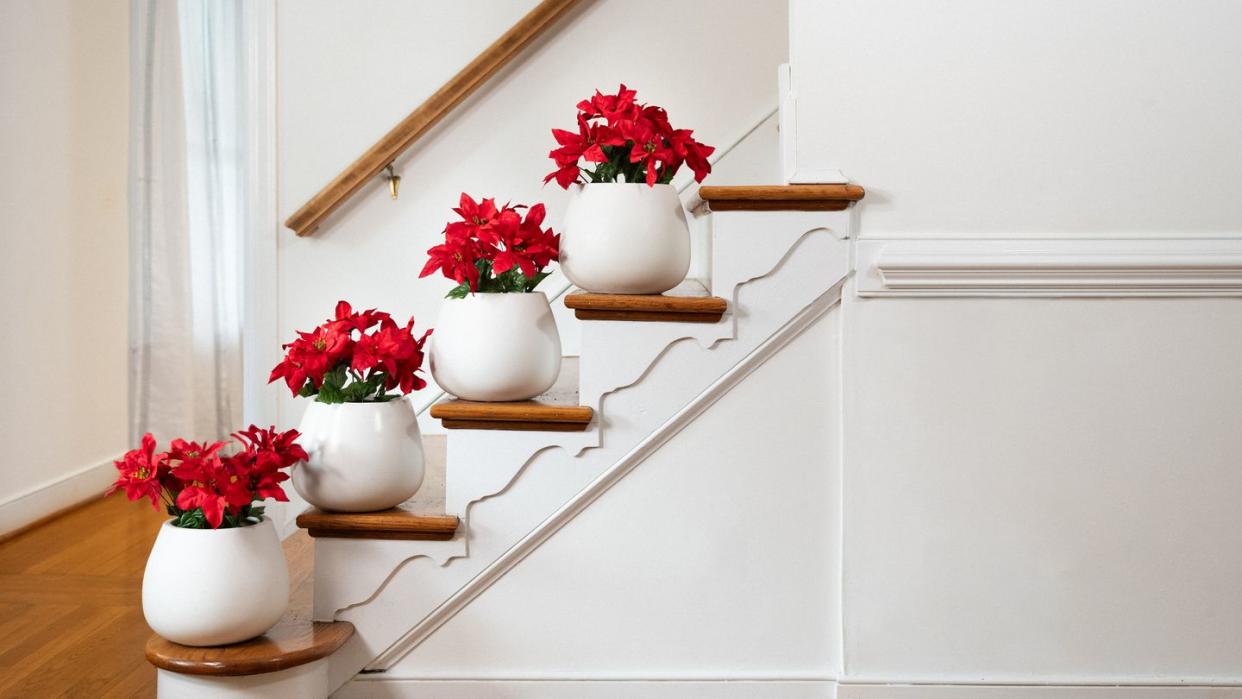 poinsettias decorating staircase for christmas