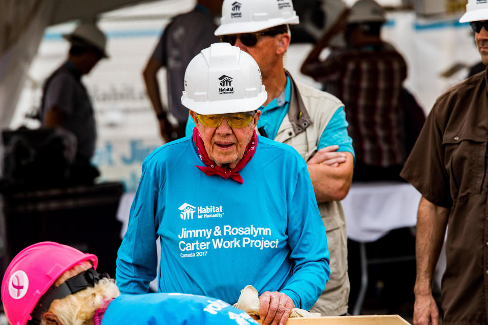 Former US President Jimmy Carter Jimmy Carter works on one of the homes at the Jimmy and Rosalynn Carter Work Project for Habitat for Humanity Edmonton. / Credit: Ron Palmer/SOPA Images/LightRocket via Getty Images