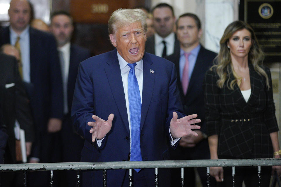 Former President Donald Trump speaks outside the courtroom after testifying at New York Supreme Court, Monday, Nov. 6, 2023, in New York. (AP Photo/Eduardo Munoz Alvarez)