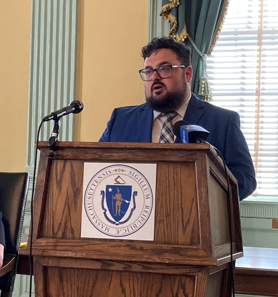 Pre-K teacher Jarred Rose urges state legislators Wednesday at the Statehouse in Boston to support bills that would fund grants and salaries for early childhood education centers and workers.