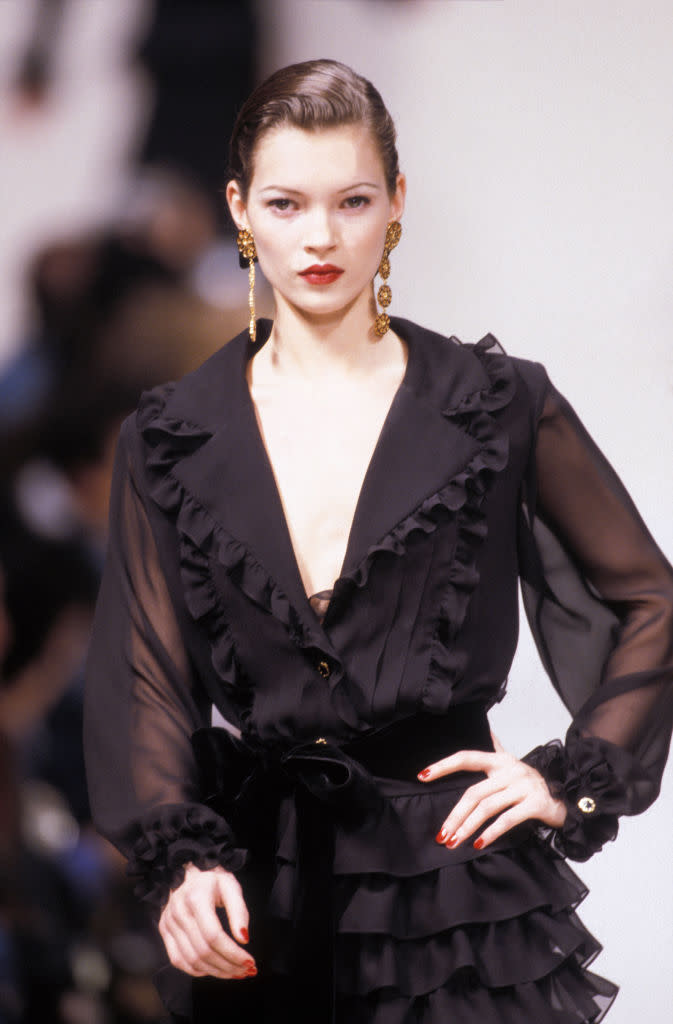 Kate Moss appearing for Yves Saint Laurent in 1993 in Paris. (Getty Images)