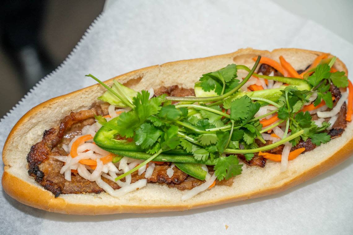 Le’s Sandwiches & Café #6 menu item is a lemongrass grilled pork Banh Mi made with house made Vietnamese mayonnaise, pickled carrots, daikons, fresh jalapeños and cilantro.