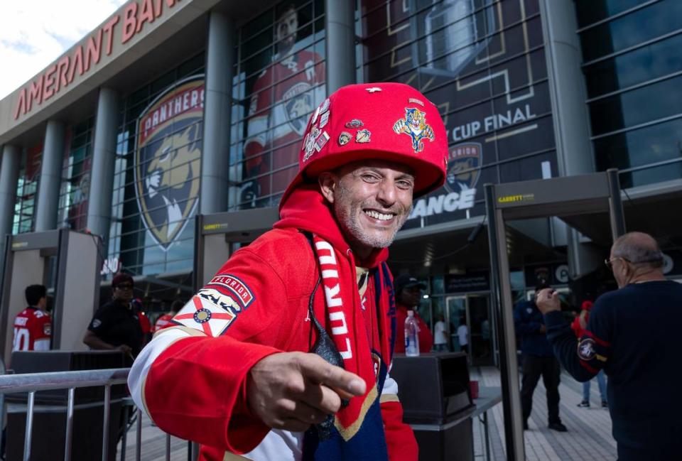 Florida Panthers fan Jason Prater, 44, reacts as he arrives to the Amerant Bank Arena to watch his team play against the Edmonton Oilers in Game 7 of the Stanley Cup Final.