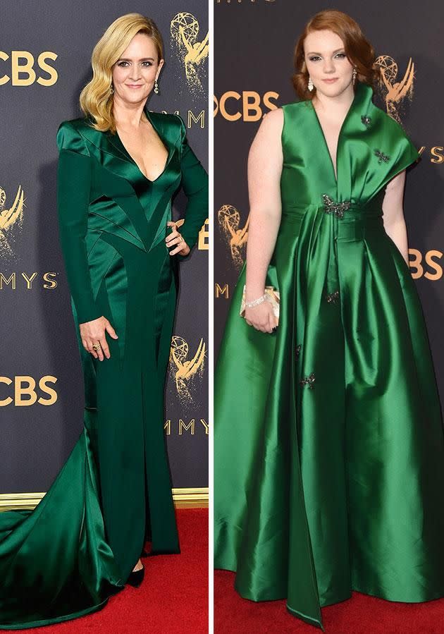 Talk show host Samantha Bee and Stranger Things star Shannon Purser looked gorgeous in emerald. Photo: Getty