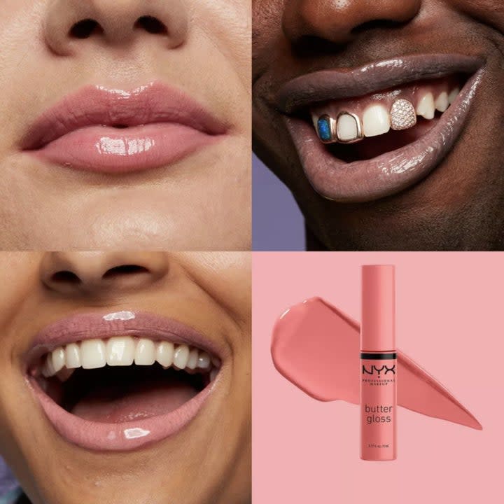 Models of three different skin tones wearing the gloss