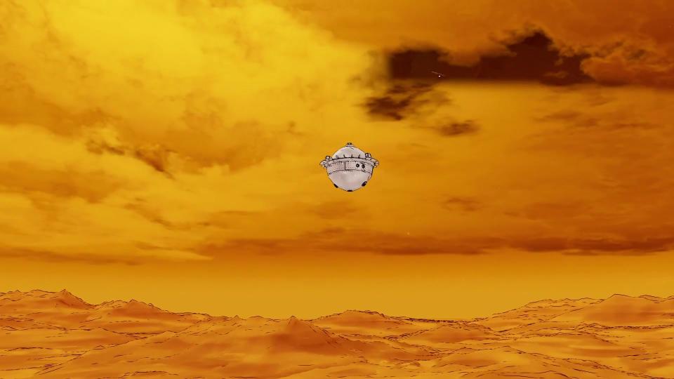 A yellowish orange scene, with clouds and a ground, with a small white spacecraft floating in the middle.