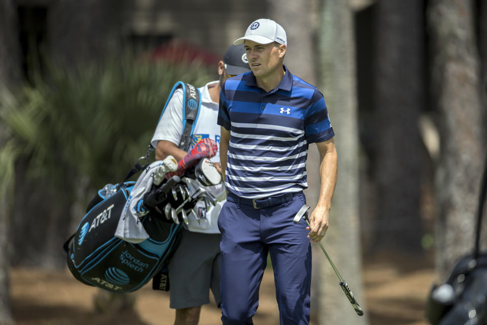 Jordan Spieth walks onto the second green during the final round of the RBC Heritage golf tournament, Sunday, April 16, 2023, in Hilton Head Island, S.C. (AP Photo/Stephen B. Morton)