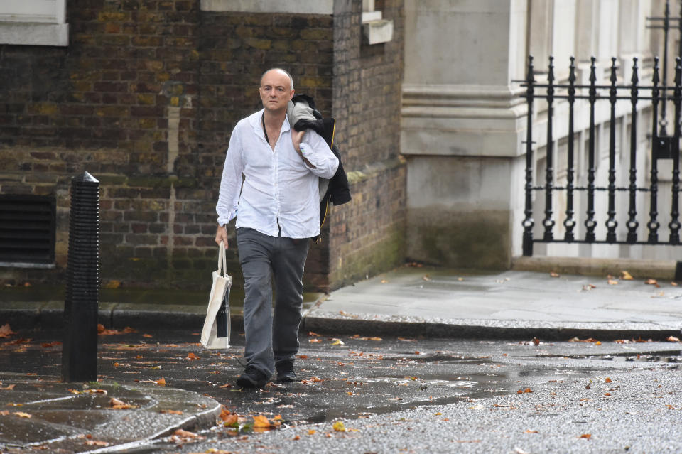 Dominic Cummings arrives in Downing Street, London.