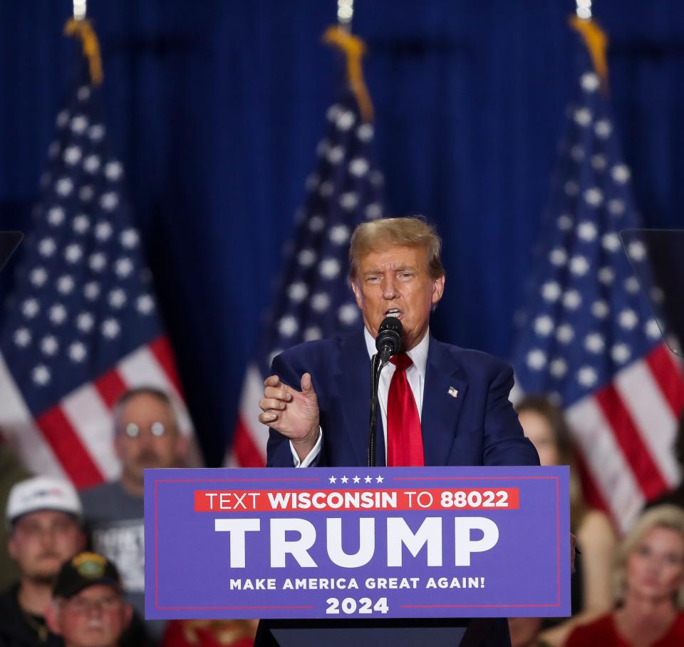 Former president Donald Trump addresses his supporters during a campaign rally on Tuesday, April 2, 2024, at the KI Convention Center in Green Bay, Wis.