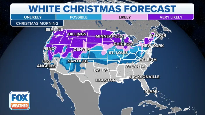 A map showing areas of the country where snow is or isn't likely on Christmas.