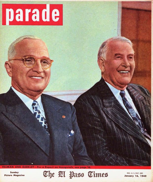 <p>On the Jan. 16,1949 cover, former president Truman smiles for the camera with former vice president Alben W. Barkley</p>