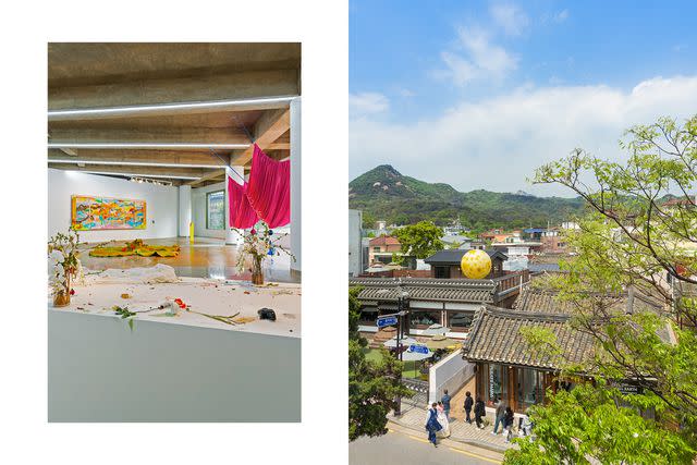 <p>Youngkyu Park</p> From left: An installation by Boma Pak (foreground), a hanging fabric sculpture by Hannah Woo, and a painting by Rondi Park (on the far wall) at the Art Sonje Center gallery; northern Seoul, with Bukhansan National Park in the distance, as seen from the Art Sonje Center.