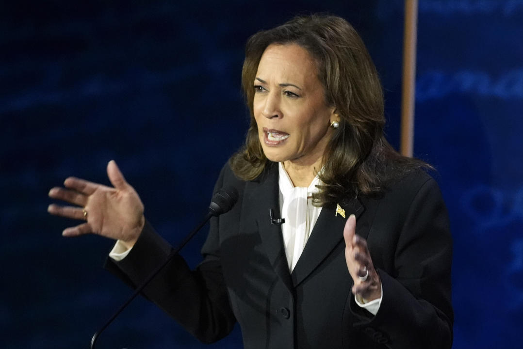 Democratic presidential nominee Vice President Kamala Harris speaks during a presidential debate with Republican presidential nominee former President Donald Trump at the National Constitution Center, Tuesday, Sept.10, 2024, in Philadelphia. (AP Photo/Alex Brandon)