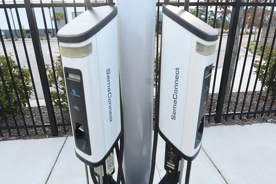 An EV charging station at Station apartments, in Leland, N.C. Monday Feb. 5, 2024.