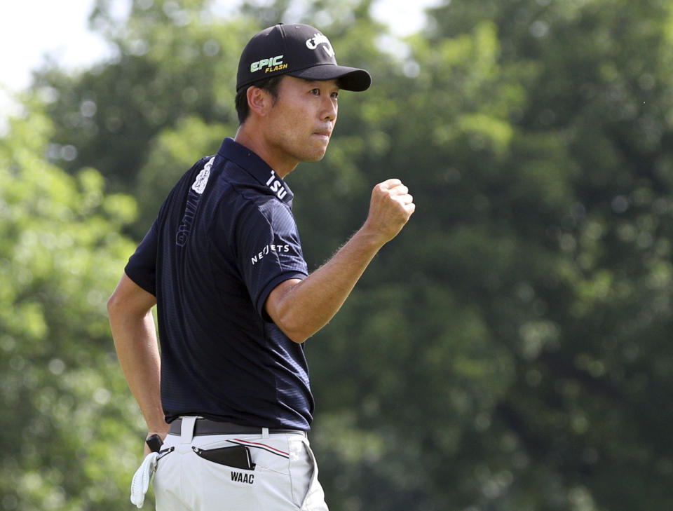 FILE- In this May 26, 2019, file photo, Kevin Na pumps his fist after winning in the final round of the Charles Schwab Challenge golf tournament in Fort Worth, Texas. a is the defending champion at A Military Tribute at The Greenbrier, which kicks off the PGA Tour season Thursday, Sept. 12, 2019, in White Sulphur Springs, W.Va. (AP Photo/Richard W. Rodriguez, File)