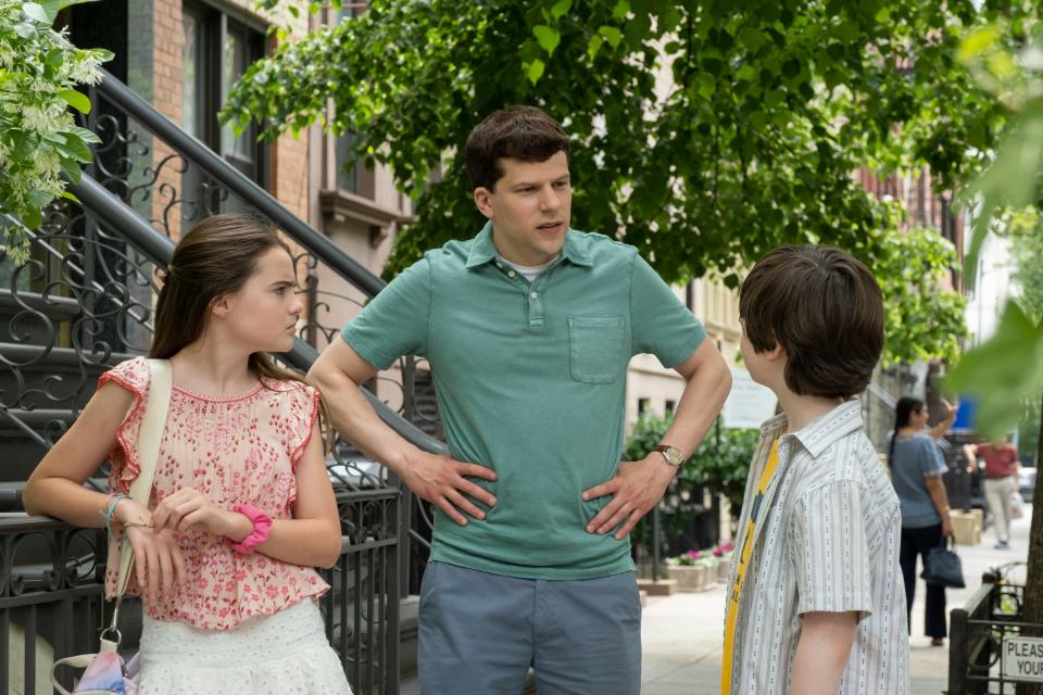 Meara Mahoney Gross as Hannah Fleishman, Jesse Eisenberg as Toby Fleishman and Maxim Swinton as Solly Fleishman in "Fleishman is in Trouble."