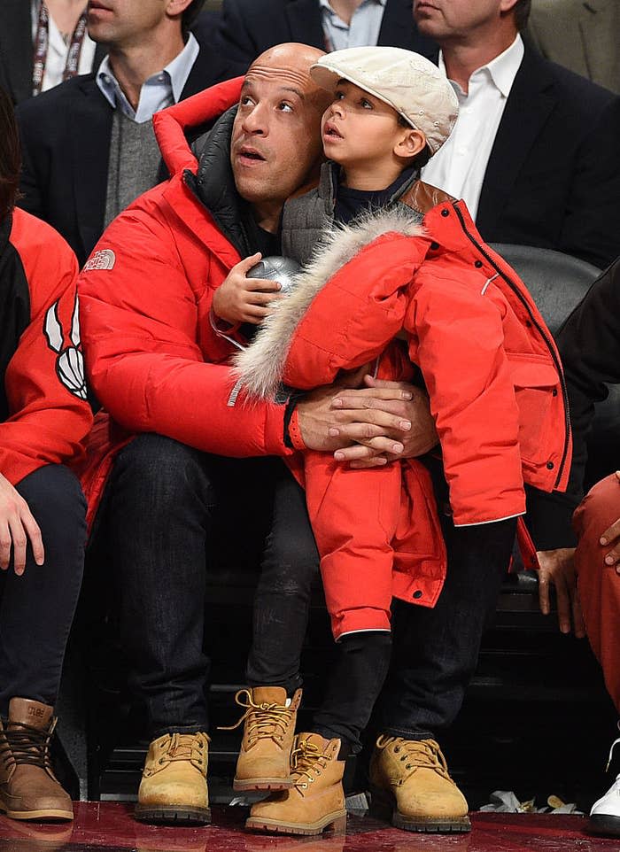 Vin Diesel and son Vincent Sinclair attend the 2016 NBA All-Star Game