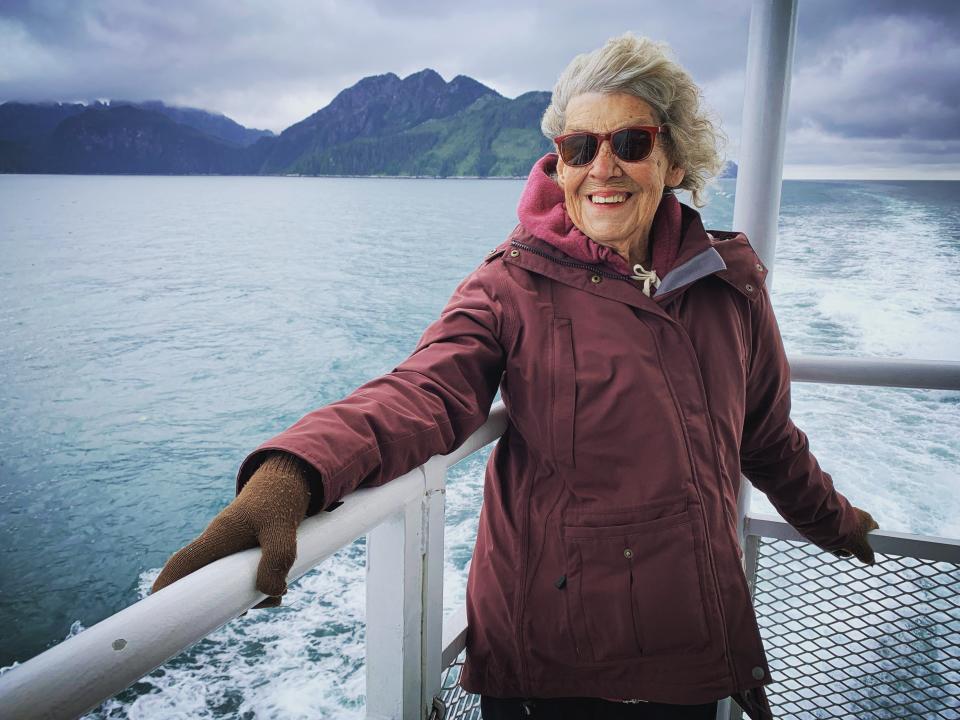 Grandma Joy faces the wind and cold head-on in Kenai Fjords National Park in Alaska in September 2021.