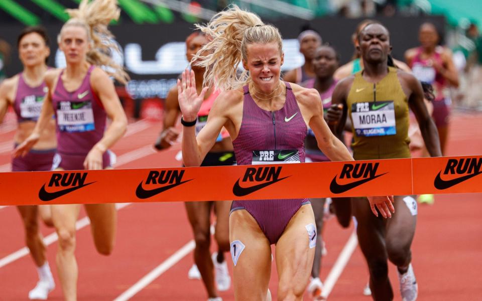 Keely Hodgkinson wins the women's 800 meters during the Prefontaine Classic athletics meet on May 25, 2024 in Eugene