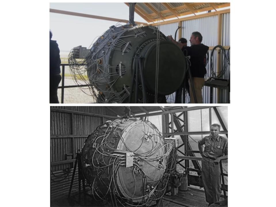A comparison between the prop bomb used in filming Oppenheimer vs. the historic photo of the bomb used in the Trinity test. They're nearly identical