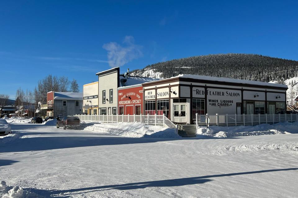 View of snow covered downtown street in Dawson City