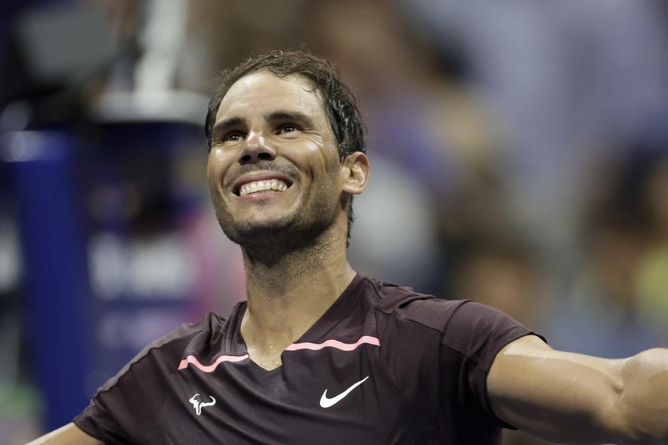 Rafael Nadal, of Spain, celebrates after winning his match against Richard Gasquet, of France, during the third round of the U.S. Open tennis championships, Saturday, Sept. 3, 2022, in New York. (AP Photo/Adam Hunger)