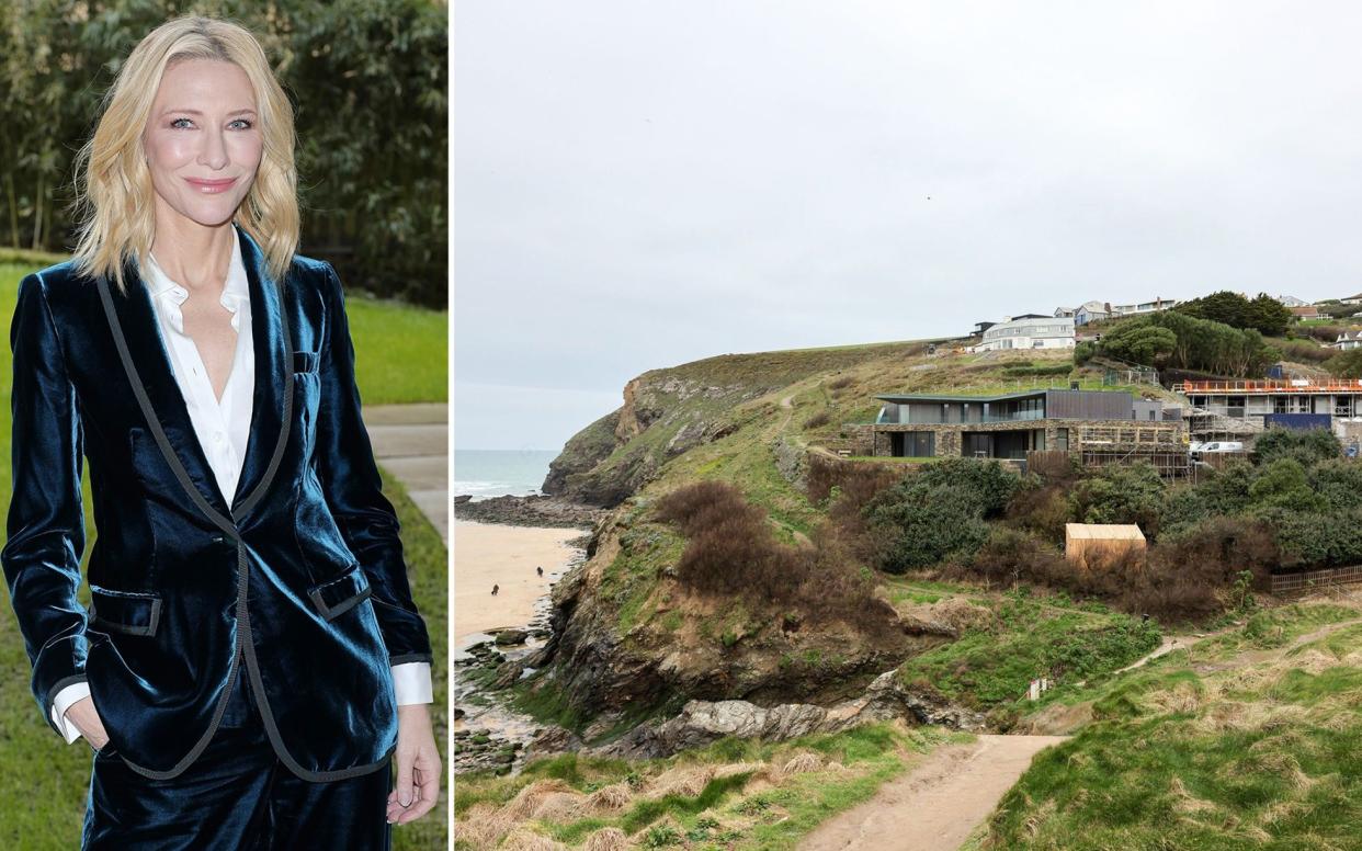 Cate Blanchett is building a five-bedroom house on a site, surrounded by orange scaffolding, near the beach in Mawgan Porth