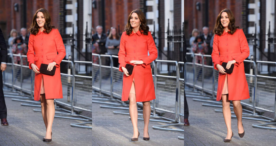 <p><strong>When: Jan. 17, 2018</strong><br>A day after wearing her $2,500 recycled <a rel="nofollow" href="https://ca.style.yahoo.com/kate-middletons-top-pregnancy-style-slideshow-wp-155058412/photo-p-strong-jan-16-2018-photo-153058368.html" data-ylk="slk:hot pink Mulberry coat;elm:context_link;itc:0;sec:content-canvas;outcm:mb_qualified_link;_E:mb_qualified_link;ct:story;" class="link  yahoo-link">hot pink Mulberry coat</a>, Kate Middleton was spotted in another bright coat while visiting London’s Great Ormond Street Hospital on Wednesday. The stunning knee-length red coat by British retailer Boden retails for £220 (approximately $380 CAD) and features frill cuff detailing and simple button-fastening which coyly covered her growing baby bump. </p>