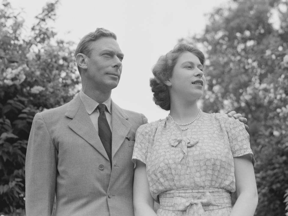 King George VI and Queen Elizabeth in the gardens at Windsor Castle, England, on July 8, 1946