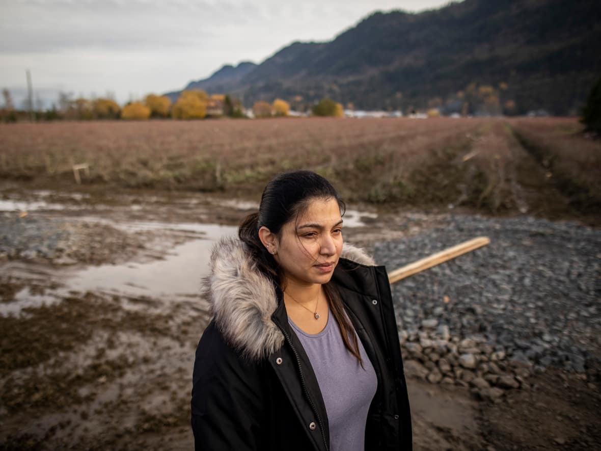 Harman Kaur stands at her family's blueberry farm in the Sumas Prairie area of Abbotsford, B.C., on Wednesday. Floodwaters had gone down in their area, but Kaur described the mess left behind as 'devastating.' (Ben Nelms/CBC - image credit)