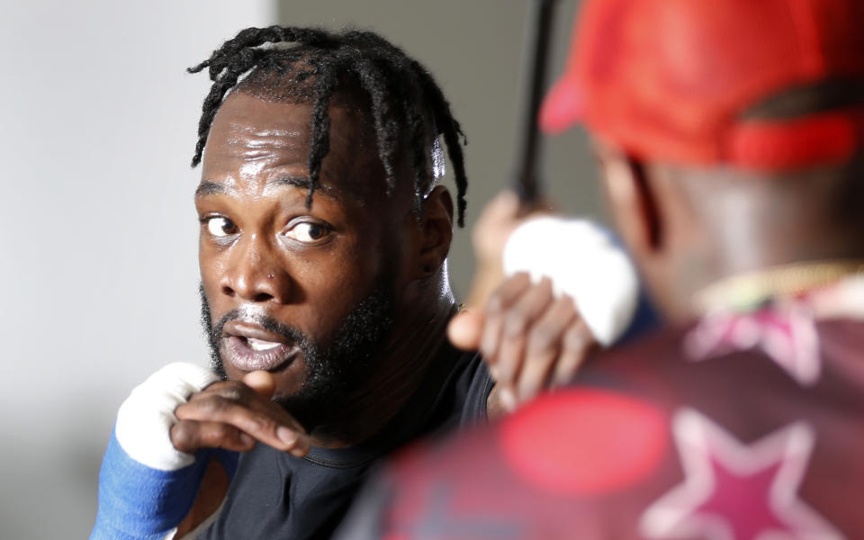 LAS VEGAS, NEVADA - SEPTEMBER 22: Heavyweight boxer Deontay Wilder (L) works on his timing with trainer Malik Scott at UFC APEX on September 22, 2022 in Las Vegas, Nevada. Wilder is scheduled to fight Robert Helenius at the Barclays Center in Brooklyn, New York on October 15.  (Photo by Steve Marcus/Getty Images)