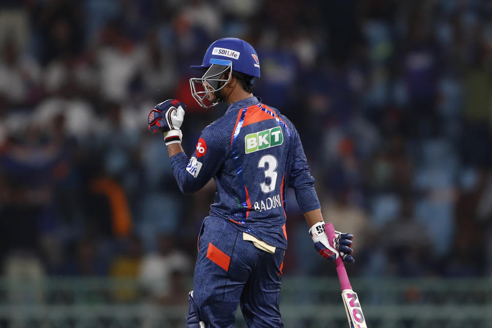 Lucknow Super Giants' Ayush Badoni celebrates scoring fifty runs during the Indian Premier League cricket match between Lucknow Super Giants and Delhi Capitals in Lucknow, India, Friday, April 12, 2024. (AP Photo/Surjeet Yadav)