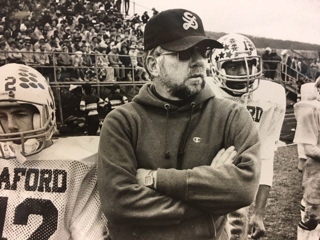 Ron Dickerson coaching Seaford High football in 1985