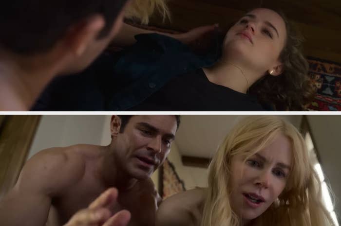 In the first frame, Joey King lies on the floor looking upwards. In the second frame, Zac Efron and Nicole Kidman, in disheveled states, inspect something closely