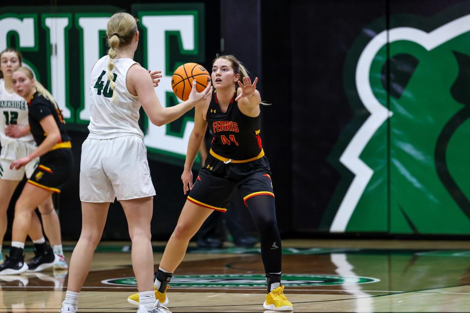 Mya Hiram defends for Ferris State in the 2023-24 season.