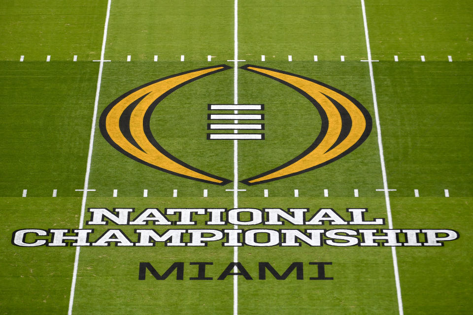 MIAMI GARDENS, FLORIDA - JANUARY 11: A general view of the CPF National Championship midfield logo before the College Football Playoff National Championship football game between the Alabama Crimson Tide and the Ohio State Buckeyes at Hard Rock Stadium on January 11, 2021 in Miami Gardens, Florida. (Photo by Alika Jenner/Getty Images)