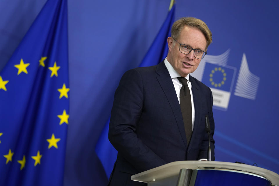 New Executive Director of the European Border and Coast Guard, FRONTEX, Hans Leijtens addresses a media conference after a meeting with European Commissioner for Home Affairs Ylva Johansson at EU headquarters in Brussels, Thursday, Jan. 19, 2023. (AP Photo/Virginia Mayo)