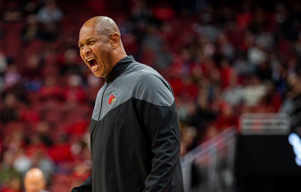 Louisville head coach Kenny Payne yelled instructions to his team as the Cards fall to Lipscomb 75-67 at the Yum! Center in downtown Louisville Tuesday night. Dec. 20, 2022