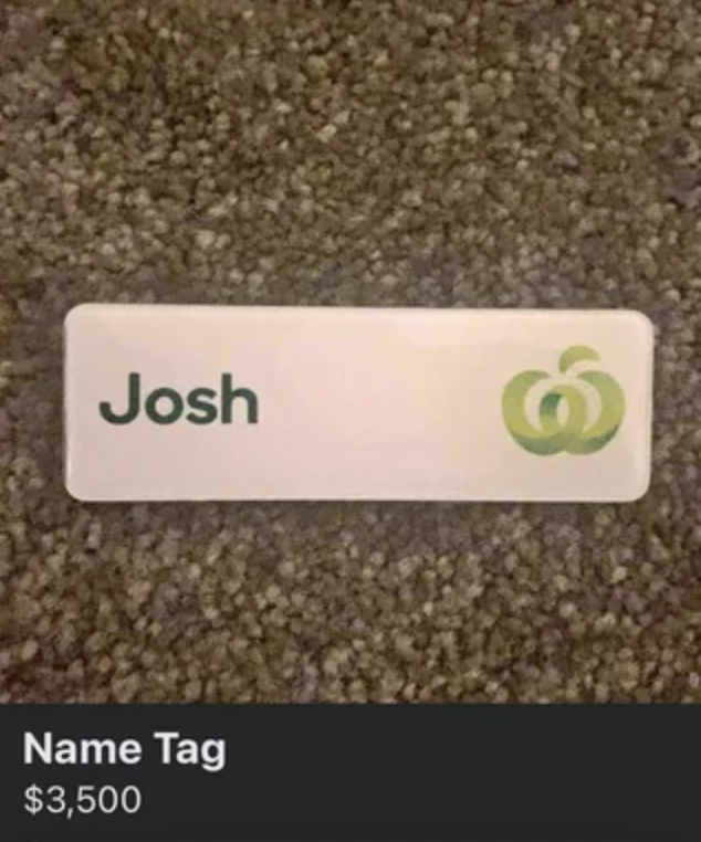 Name tag with "Josh" and a green logo, priced at $3,500