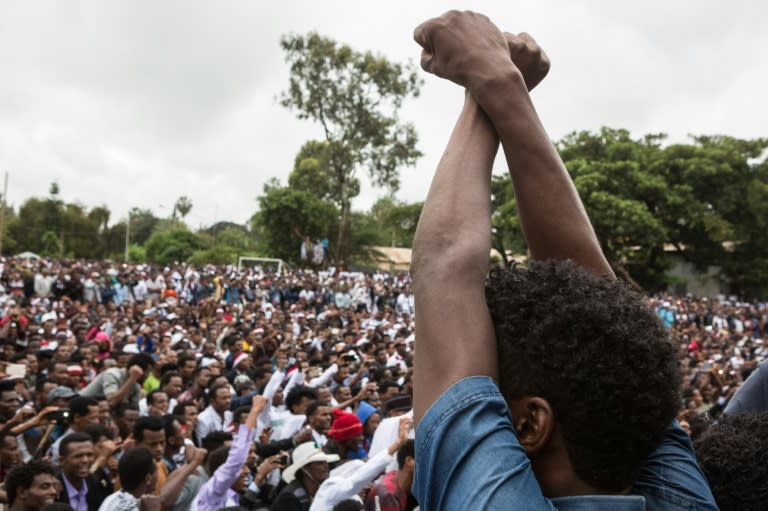 People protest against the Ethiopian government during Irreecha, the annual Oromo festival