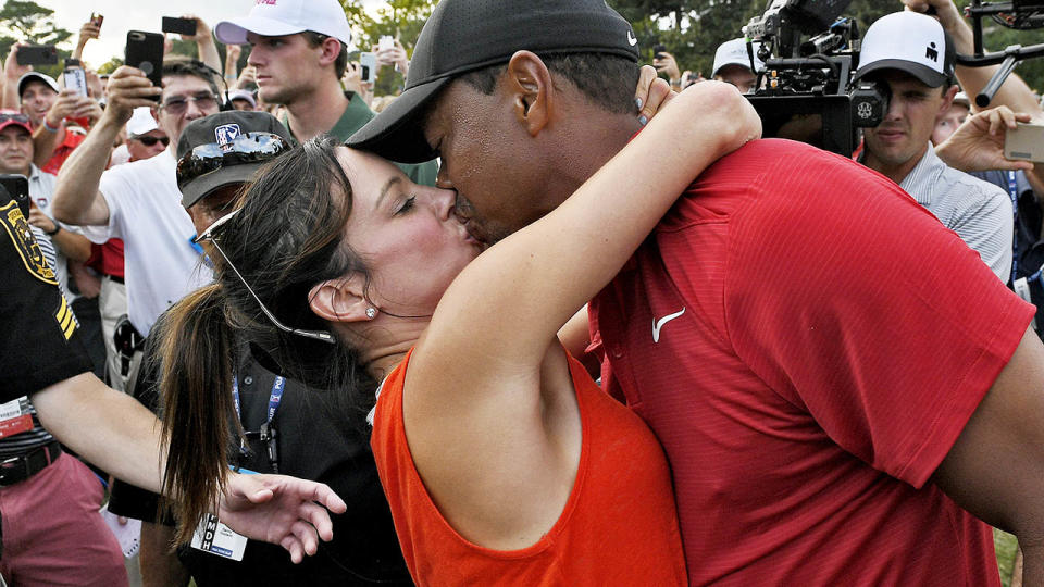 Tiger Woods and girlfriend Erica Herman celebrate. (Photo by Stan Badz/PGA TOUR)