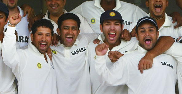 MULTAN, PAKISTAN - APRIL 1: (L to R Sachin Tendulkar, Anil Kumble, V.V.S Laxman and Virender Sehwag of India celebrate their teams victory after day five of the first Test Match between Pakistan and India at Multan Stadium on April 1, 2004 in Multan, Pakistan. India claimed their first-ever Test win in Pakistan by an innings and 52 runs. (Photo by Scott Barbour/Getty Images) 