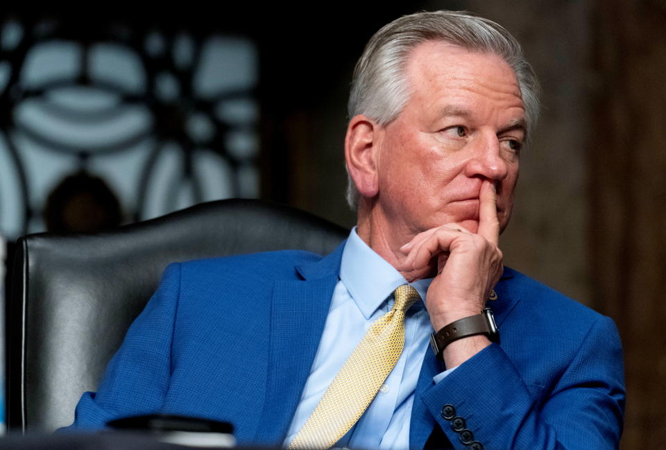 Sen. Tommy Tuberville, R-Ala., attends  a hearing to examine United States Special Operations Command and United States Cyber Command in review of the Defense Authorization Request for fiscal year 2022 and the Future Years Defense Program, on Capitol Hill, in Washington, U.S., March 25, 2021 . Andrew Harnik/Pool via REUTERS