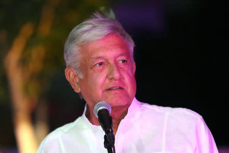 Leftist front-runner Andres Manuel Lopez Obrador of the National Regeneration Movement (MORENA) delivers a message after arriving at the third and final debate in Merida, Mexico June 12, 2018. REUTERS/Lorenzo Hernandez