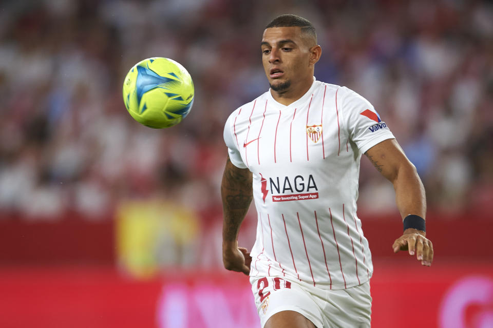 SEVILLE, SPAIN - MAY 22: Diego Carlos of Sevilla FC in action during the LaLiga Santander match between Sevilla FC and Athletic Club at Estadio Ramon Sanchez Pizjuan on May 22, 2022 in Seville, Spain. (Photo by Juanjo Ubeda/Quality Sport Images/Getty Images)