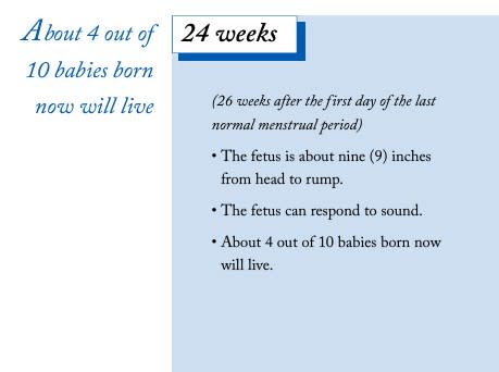 From a brochure page, text reads that at 26 weeks gestation, the fetus is about 9 inches long, can respond to sound and that 4 in 10 fetuses born at this stage will survive